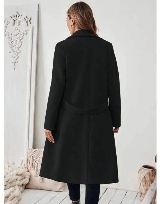 Kadın Uzun Kollu Yakalı Belde şerit Düğme Detaylı Cepli Mini Kaşe Kaban