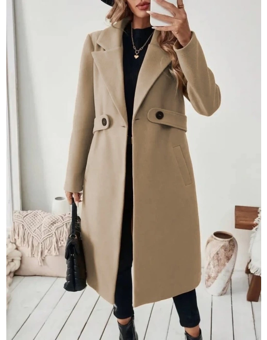 Kadın Uzun Kollu Yakalı Belde şerit Düğme Detaylı Cepli Mini Kaşe Kaban