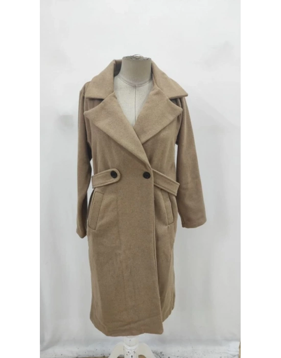 Kadın Uzun Kollu Yakalı Belde şerit Düğme Detaylı Cepli Mini Kaşe Kaban