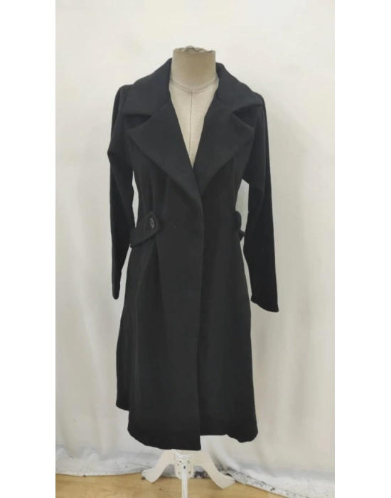 Kadın Uzun Kollu Yakalı Belde şerit Düğme Detaylı Cepli Mini Kaşe Kaban