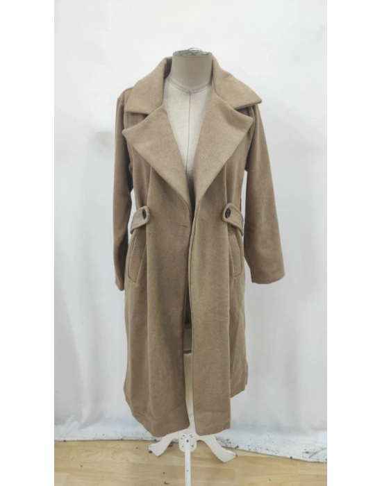 Kadın Uzun Kollu Yakalı Belde şerit Düğme Detaylı Cepli Mini Kaşe Kaban