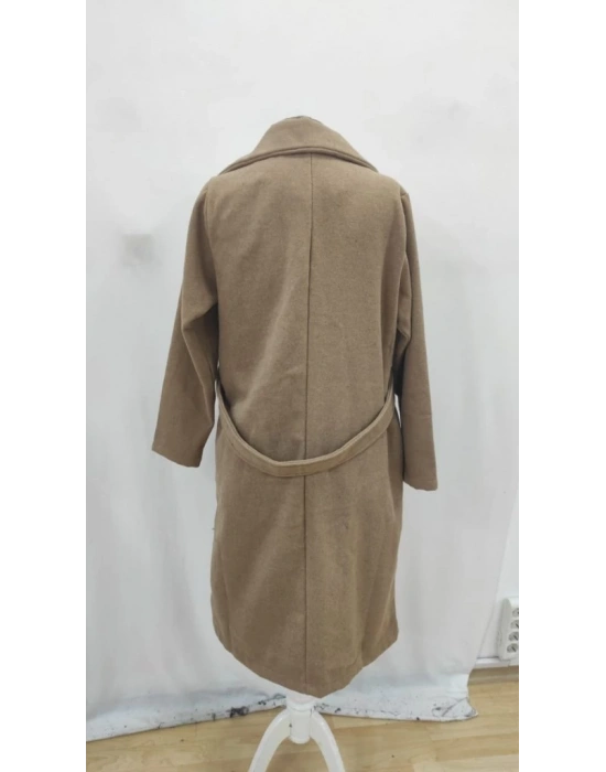 Kadın Uzun Kollu Yakalı Belde şerit Düğme Detaylı Cepli Mini Kaşe Kaban