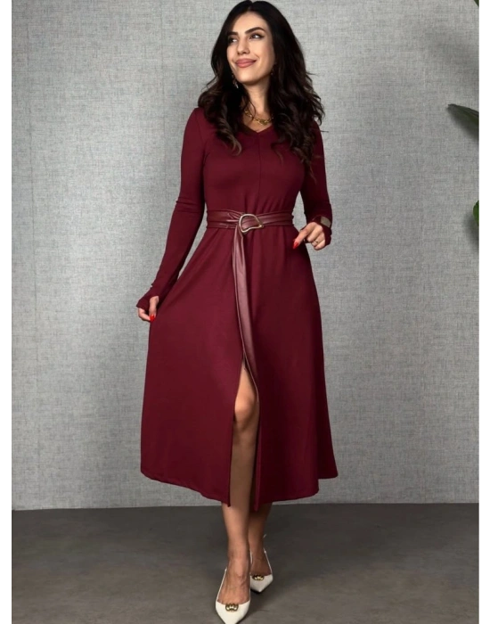 Kadın Uzun Kollu Yakalı Belden Deri Detaylı Kuşaklı Yırtmaçlı Midi Viskon Iki Iplik Elbise