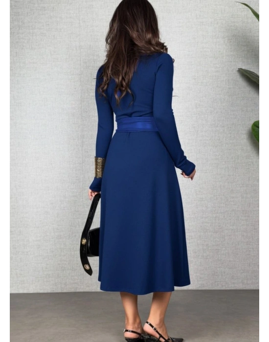 Kadın Uzun Kollu Yakalı Belden Deri Detaylı Kuşaklı Yırtmaçlı Midi Viskon Iki Iplik Elbise