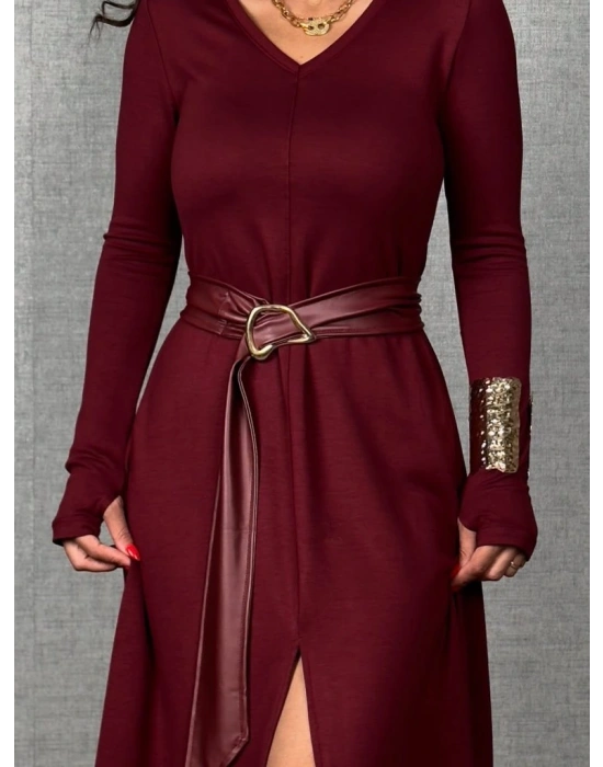 Kadın Uzun Kollu Yakalı Belden Deri Detaylı Kuşaklı Yırtmaçlı Midi Viskon Iki Iplik Elbise