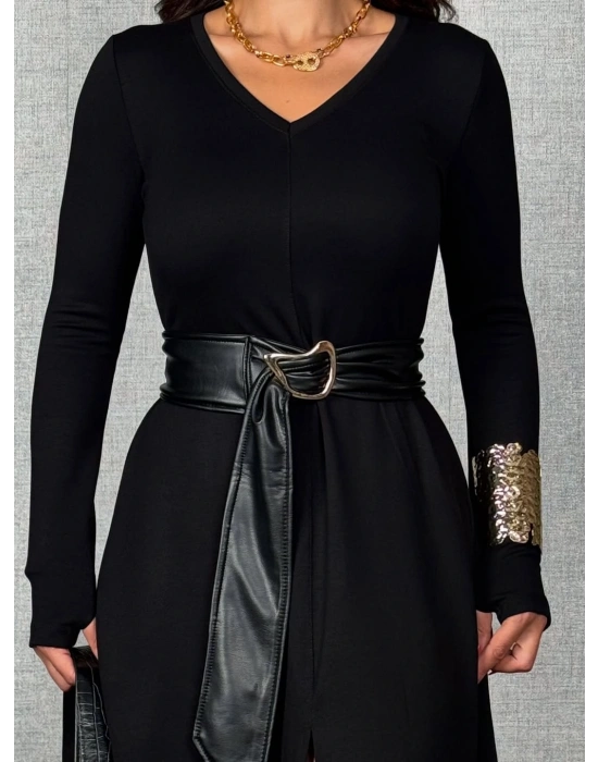 Kadın Uzun Kollu Yakalı Belden Deri Detaylı Kuşaklı Yırtmaçlı Midi Viskon Iki Iplik Elbise