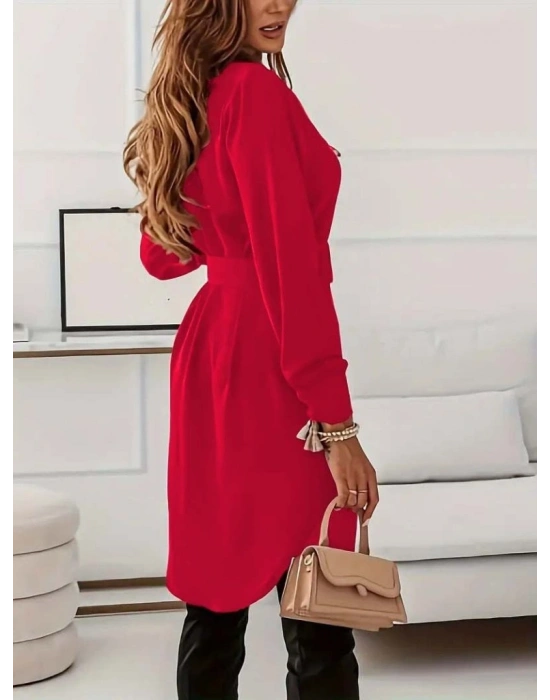 Kadın Uzun Kollu Yakalı Belden Kemerli Kıs Ithal Krep Elbise