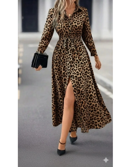 Kadın Uzun Kollu Yakalı Belden Kuşaklı Leopar Desenli Modal Uzun Elbise