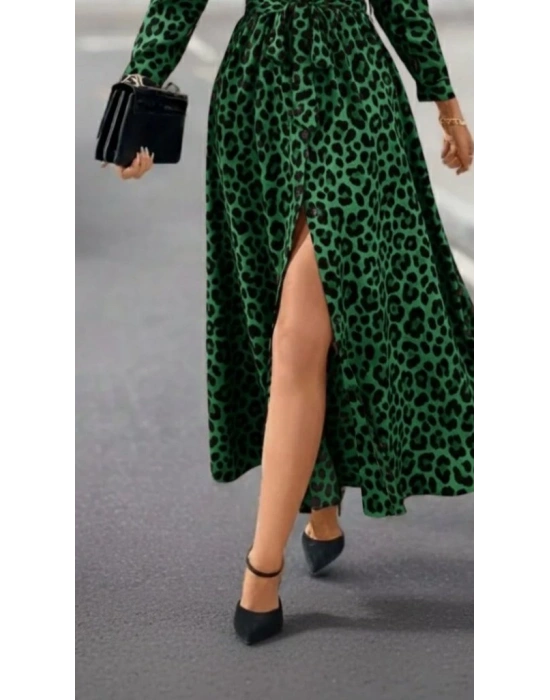 Kadın Uzun Kollu Yakalı Belden Kuşaklı Leopar Desenli Modal Uzun Elbise