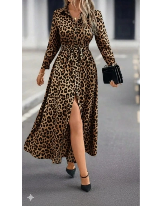 Kadın Uzun Kollu Yakalı Belden Kuşaklı Leopar Desenli Modal Uzun Elbise