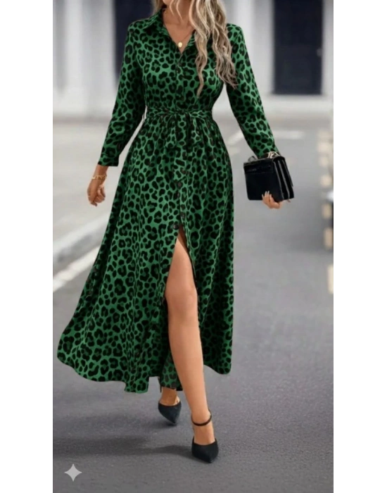 Kadın Uzun Kollu Yakalı Belden Kuşaklı Leopar Desenli Modal Uzun Elbise