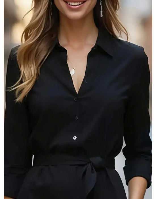 Kadın Uzun Kollu Yakalı Belden Kuşaklı Midi Trikoton Elbise