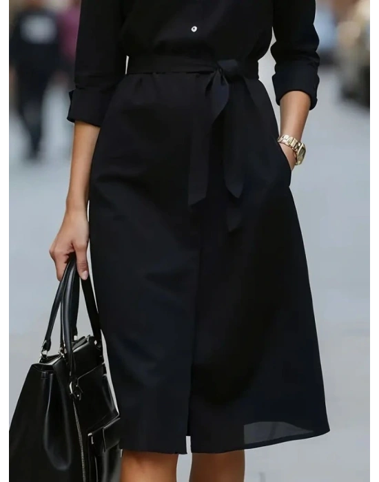 Kadın Uzun Kollu Yakalı Belden Kuşaklı Midi Trikoton Elbise