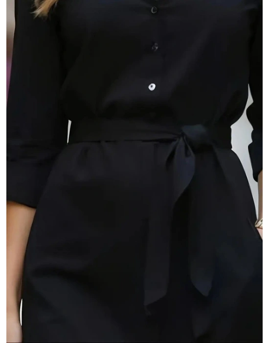 Kadın Uzun Kollu Yakalı Belden Kuşaklı Midi Trikoton Elbise