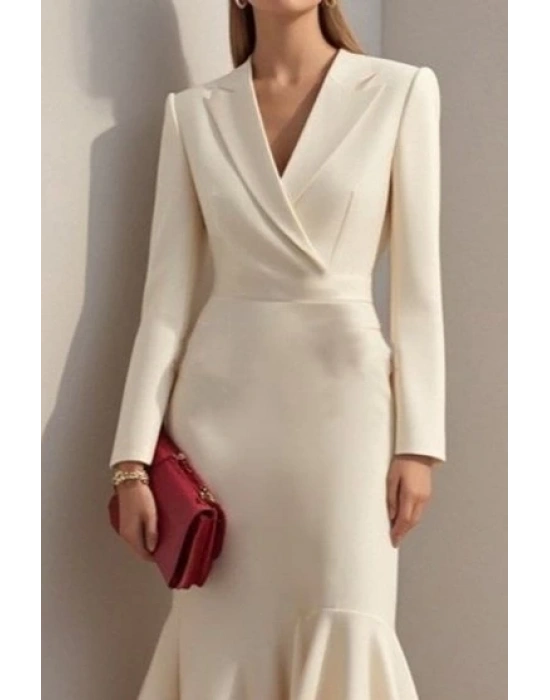 Kadın Uzun Kollu Yakalı Belden Oturtmalı Midi Ithal Krep Elbise