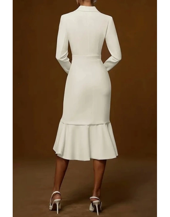 Kadın Uzun Kollu Yakalı Belden Oturtmalı Midi Ithal Krep Elbise