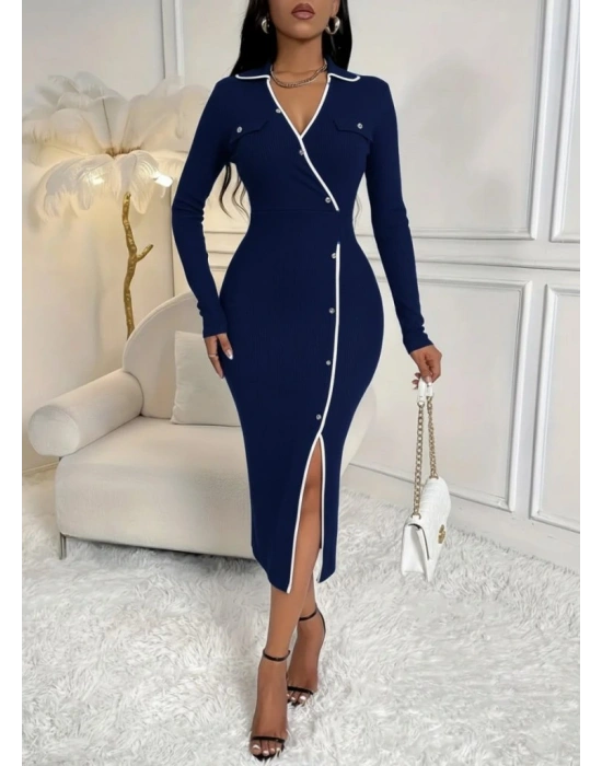 Kadın Uzun Kollu Yakalı Cepli Düğmeli Yırtmaç Detaylı Modal Uzun Elbise