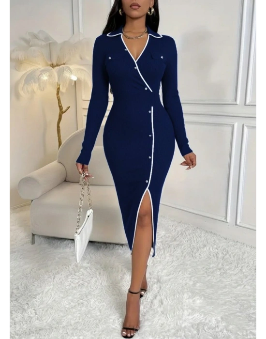 Kadın Uzun Kollu Yakalı Cepli Düğmeli Yırtmaç Detaylı Modal Uzun Elbise