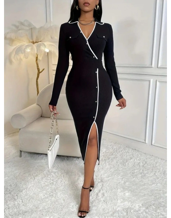 Kadın Uzun Kollu Yakalı Cepli Düğmeli Yırtmaç Detaylı Modal Uzun Elbise