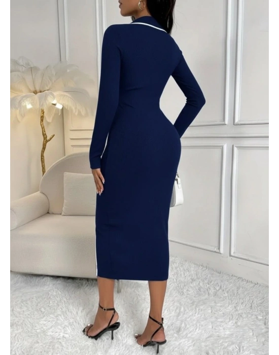 Kadın Uzun Kollu Yakalı Cepli Düğmeli Yırtmaç Detaylı Modal Uzun Elbise