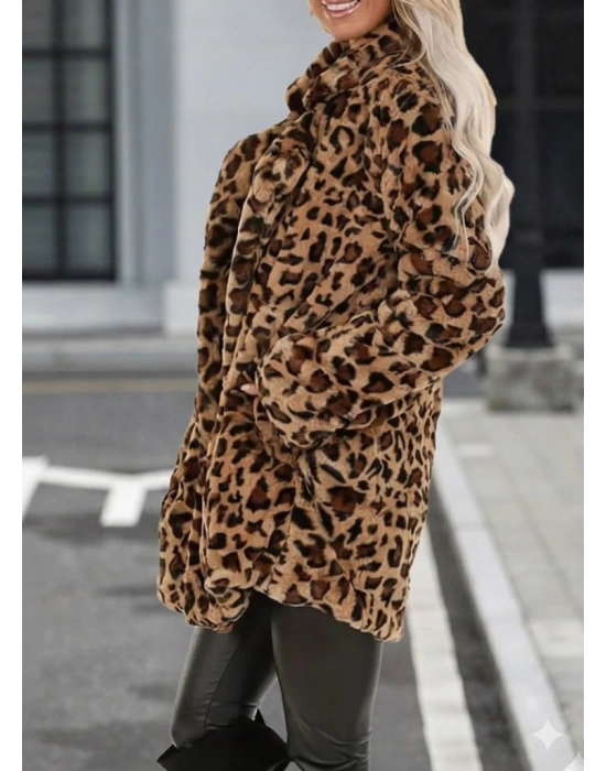 Kadın Uzun Kollu Yakalı Cepli Kısa Peluş Leopar Kaban
