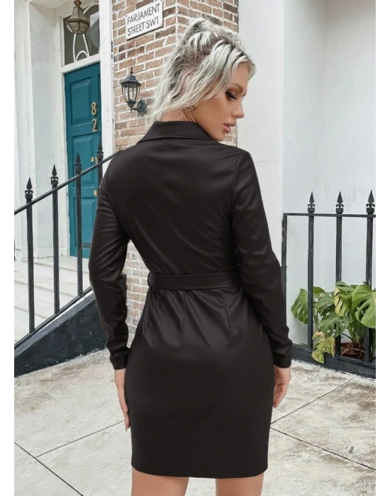 Kadın Uzun Kollu Yakalı Cepli önü Fermuarlı Koyu Kahve Mini Deri Elbise