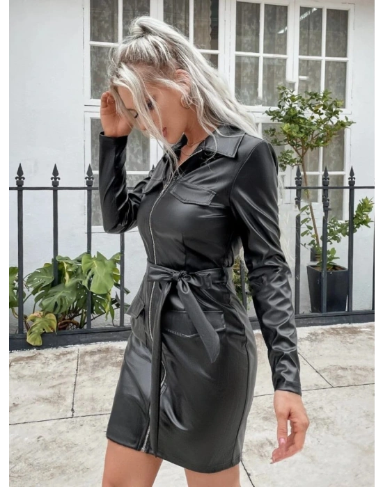 Kadın Uzun Kollu Yakalı Cepli önü Fermuarlı Mini Deri Elbise