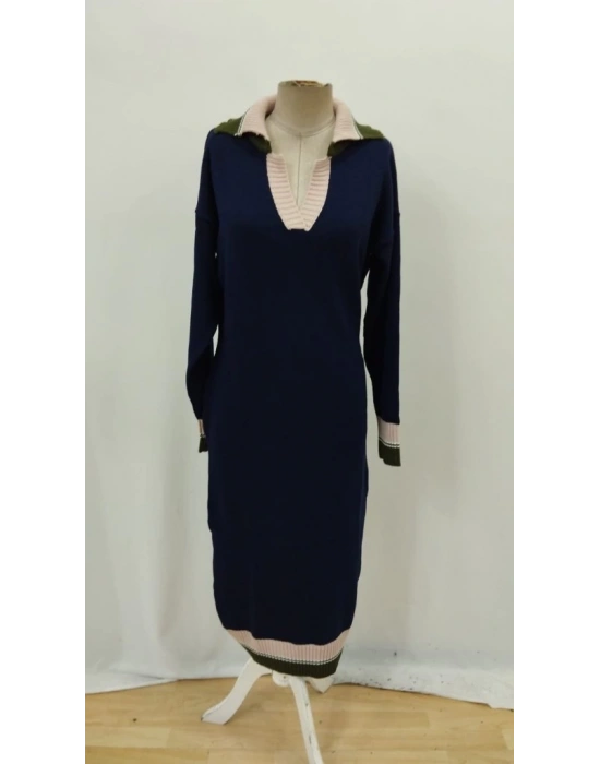 Kadın Uzun Kollu Yakalı çok Renkli Triko Uzun Elbise