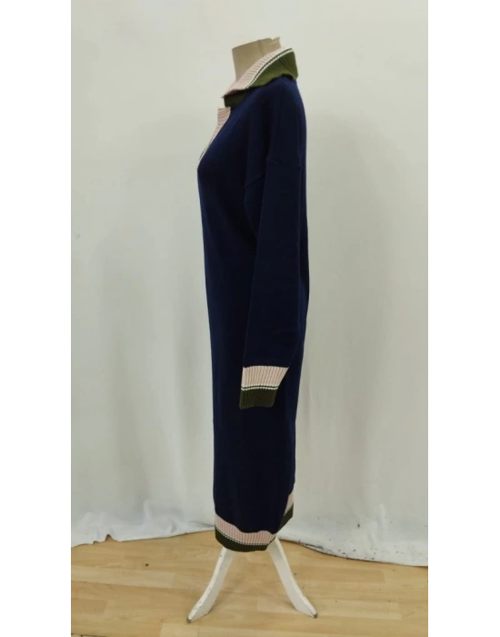 Kadın Uzun Kollu Yakalı çok Renkli Triko Uzun Elbise