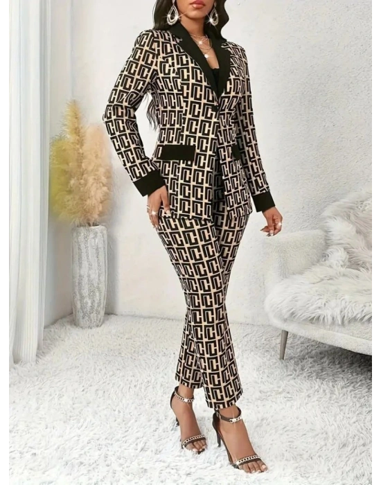 Kadın Uzun Kollu Yakalı Desenli Dalgıç Ceket Bluz Ve Pantolon üçlü Takım
