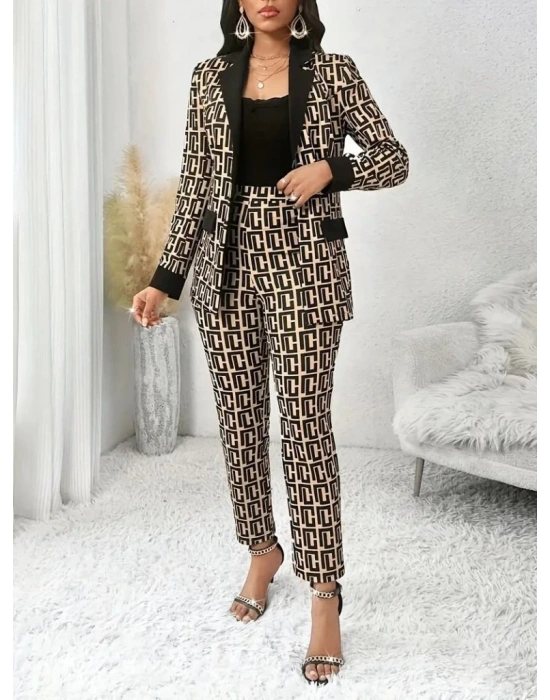 Kadın Uzun Kollu Yakalı Desenli Dalgıç Ceket Bluz Ve Pantolon üçlü Takım