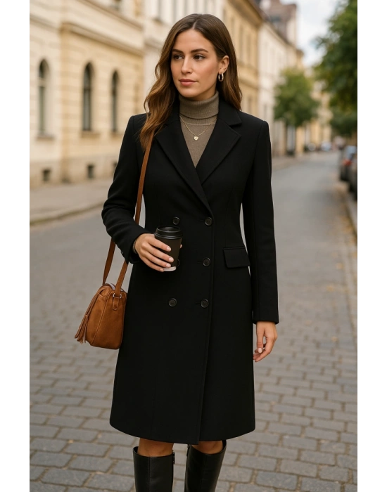 Kadın Uzun Kollu Yakalı Düğme Ve Cepli Kaşe Kaban