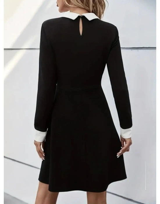 Kadın Uzun Kollu Yakalı Düğmeli Kısa Modal Mini Elbise