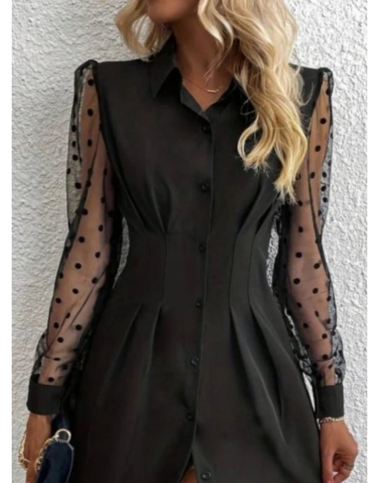 Kadın Uzun Kollu Yakalı Düğmeli Mini Ithal Krep Elbise