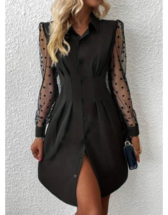 Kadın Uzun Kollu Yakalı Düğmeli Mini Ithal Krep Elbise