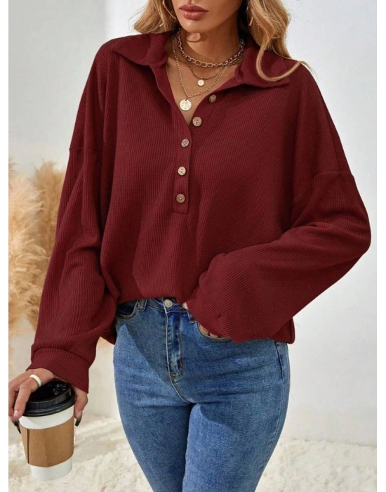Kadın Uzun Kollu Yakalı Düğmeli Salaş Waffle Bluz