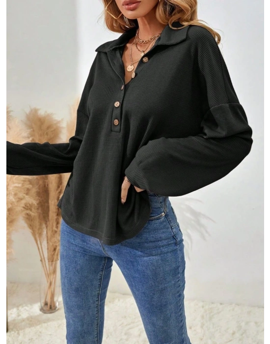 Kadın Uzun Kollu Yakalı Düğmeli Salaş Waffle Bluz