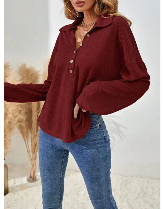 Kadın Uzun Kollu Yakalı Düğmeli Salaş Waffle Bluz