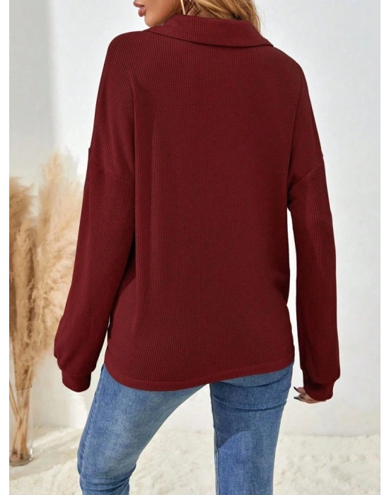 Kadın Uzun Kollu Yakalı Düğmeli Salaş Waffle Bluz