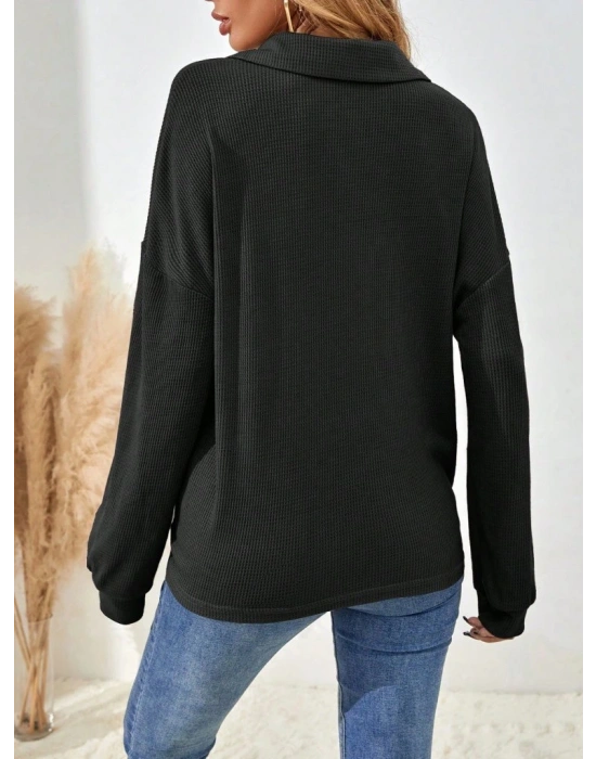 Kadın Uzun Kollu Yakalı Düğmeli Salaş Waffle Bluz