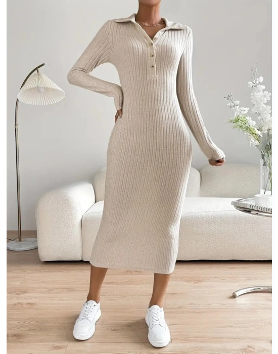 Kadın Uzun Kollu Yakalı Düğmeli şardonlu Kaşkorse Elbise