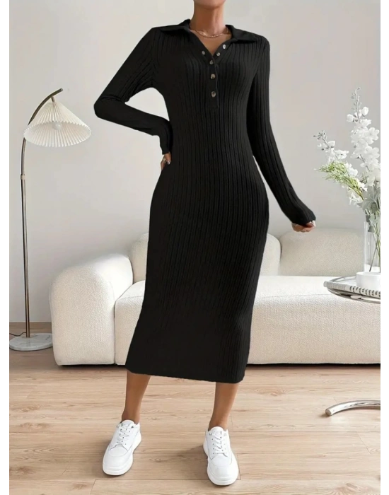 Kadın Uzun Kollu Yakalı Düğmeli şardonlu Kaşkorse Elbise