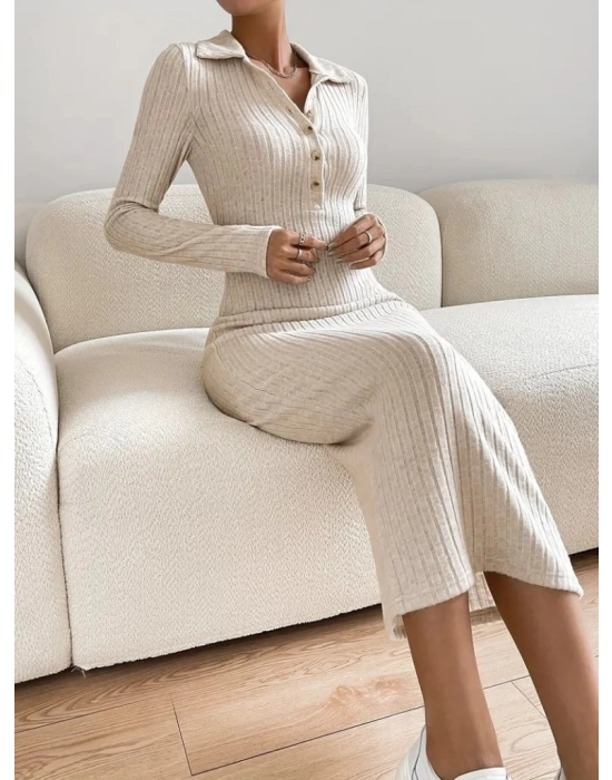 Kadın Uzun Kollu Yakalı Düğmeli şardonlu Kaşkorse Elbise