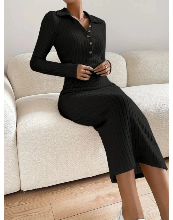 Kadın Uzun Kollu Yakalı Düğmeli şardonlu Kaşkorse Elbise