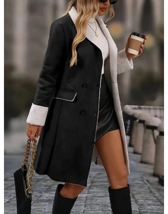 Kadın Uzun Kollu Yakalı Düğmeli Süet Mini Manto