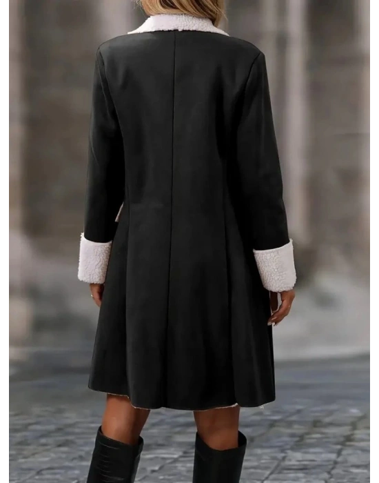 Kadın Uzun Kollu Yakalı Düğmeli Süet Mini Manto