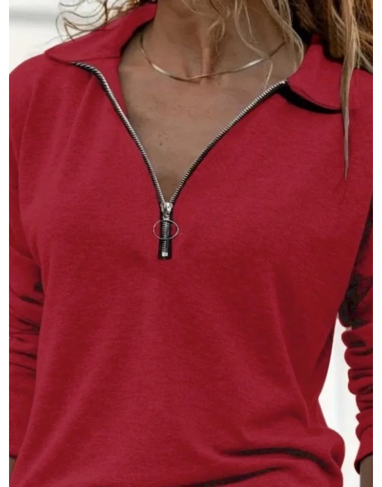 Kadın Uzun Kollu Yakalı Fermuarlı Iki Iplik Bluz