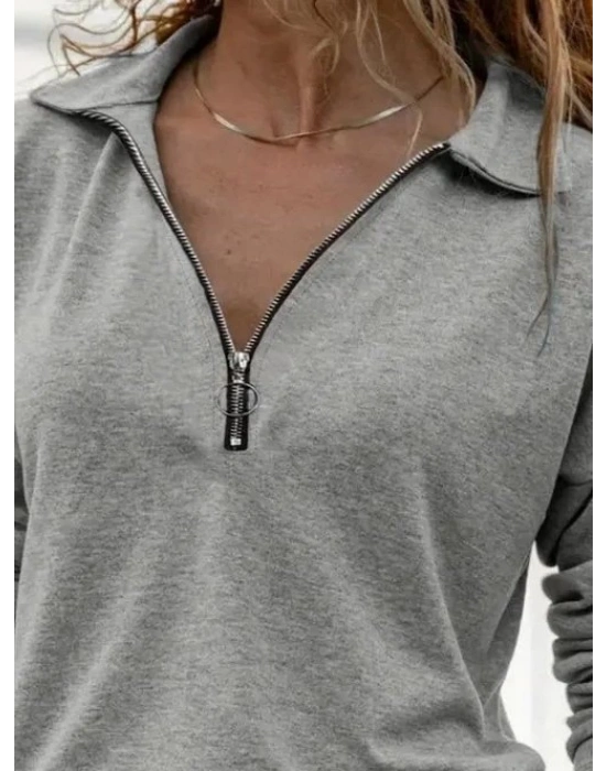 Kadın Uzun Kollu Yakalı Fermuarlı Iki Iplik Bluz