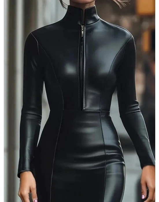 Kadın Uzun Kollu Yakalı Fermuarlı Mini Deri Elbise