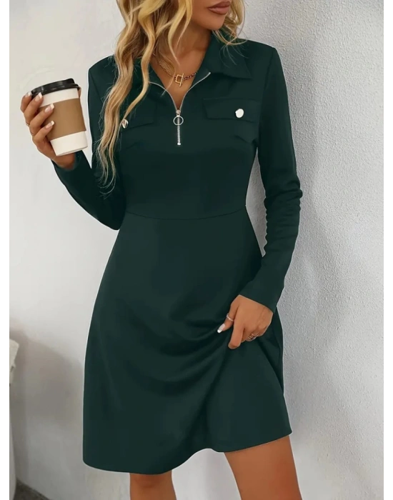 Kadın Uzun Kollu Yakalı Fermuarlı Ve Cepli Kısa Ithal Krep Kısa Elbise